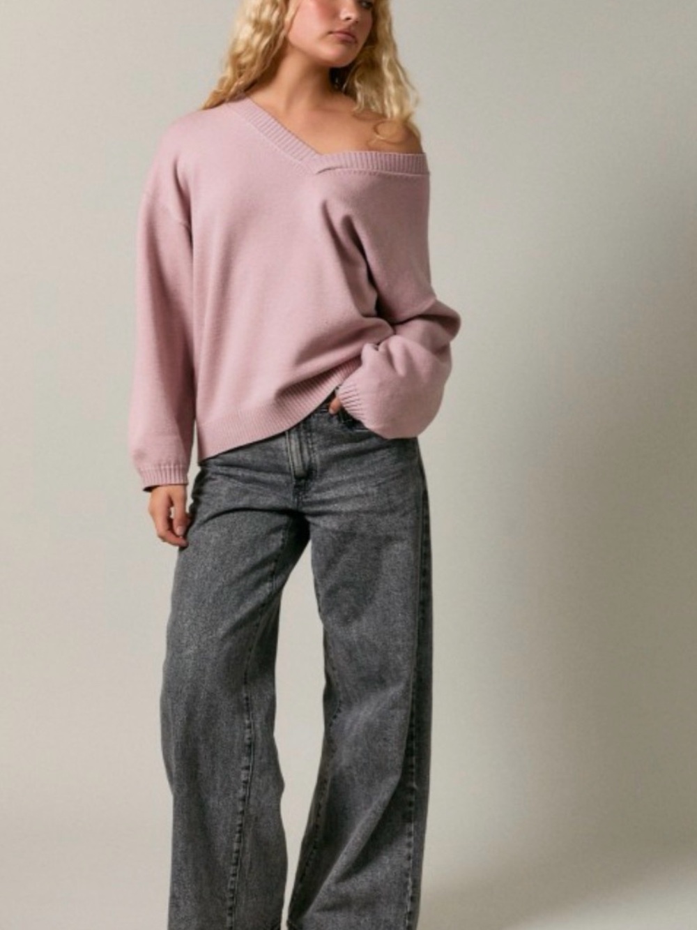 Le Lis Dusty Rose V-Neck Off-Shoulder Sweater